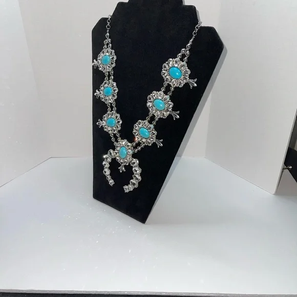 Silver tone squash blossom necklace with rhinestones & faux turquoise - Picture 5 of 13